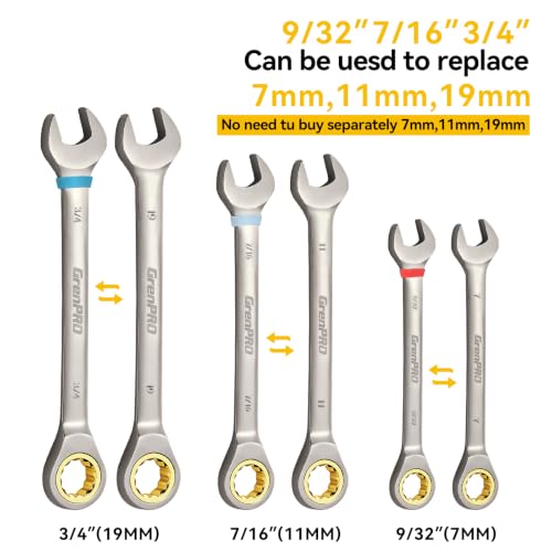 GRENPRO 22 Pack Ratcheting Wrench Set, Combination Wrench Set Metric And Standard & SAE With Color Ring, 1/4" to 3/4" & 6-18mm, 22 Pack Open End Ratchet Wrenches With Roll Up Pouch