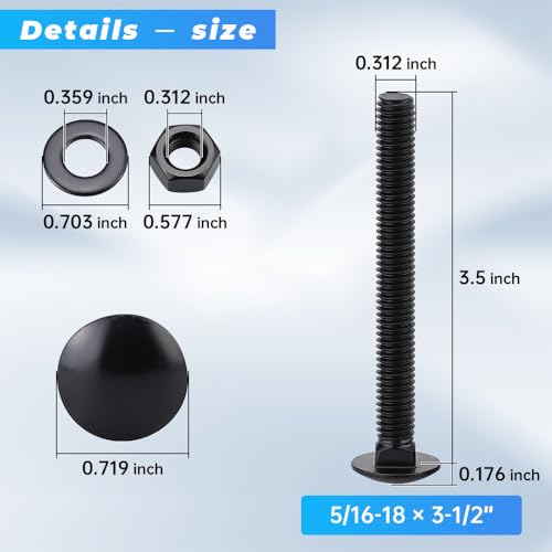 12 Sets 5/16-18 x 3-1/2" Black Carriage Bolts Screws and Hex Nuts & Flat Washers, 304 Stainless Steel 18-8, Round Head Square Neck, Full Thread Coverage