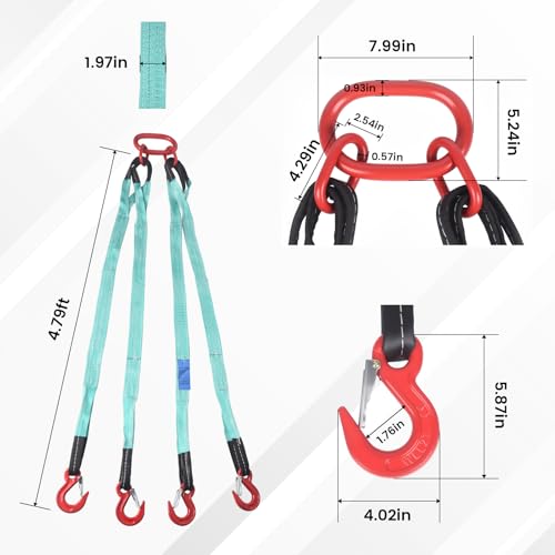 5Ft 6T Chain Sling for Lifting, 13220lbs 4 Legs with Grab Hooks & Adjusters, Polyester Rigging Straps for Engine Hoist & Security Towing