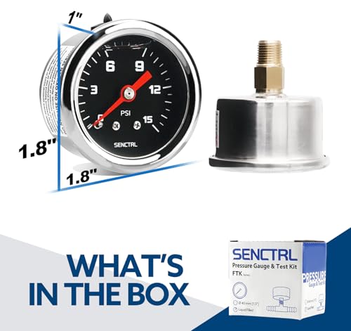 SENCTRL Fuel Pressure Gauge Kit 15 PSI for 5/16 Fuel Line, Black Dial - size: 0-15 Psi, style: Back Mount for 5/16 Fuel line (Black dial) (Brass T-fitting adapter kit)