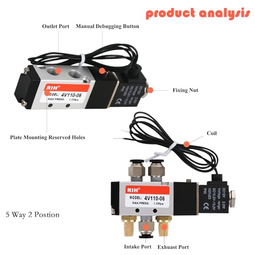 RIH Pneumatics Solenoid Valve 4V110-06 12V/24V/110V Series Single Coil Pilot-Operated Electric 2 Position 5 Way Connection Type (DC12V/Out of line, 1/8"NPT) - size: DC12V/Out of line, style: 1/8"NPT