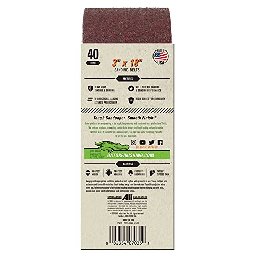 Gator 3" x 18" Red Resin Aluminum Oxide Sanding Belts, 40 Grit, 5 Pack - size: 40 Grit