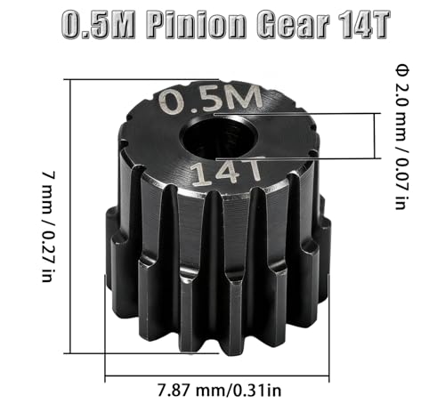 Hardened Steel 0.5M Pinion Gear 14T 2.0mm Shaft for RC Car/Helicopter Upgrade, Compatible with ARRMA 1/14 Typhoon 1/16 Mojave 1/18 Granite, Losi 1/12, 0.5Mod 13T-27T Gear for Brushed Brush-less Motors - size: 14T