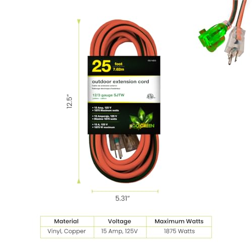 Go Green Power Inc. (GG-14025) 12/3 SJTW Outdoor Extension Cord, Lighted End, 25 ft - color: Orange, size: 25 ft, style: 12/3