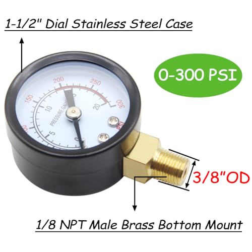 Uenede 0-300PSI Pressure Gauge 1/8" NPT Brass Bottom Mount with Bushing - size: 300PSI(1/8"NPT)
