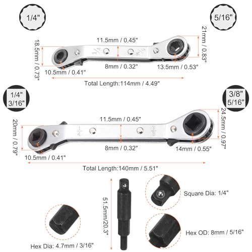 HARFINGTON 4pcs HVAC Service Wrench Set 1/4" 5/16" 3/16" 3/8" 25° 16-Teeth Air Conditioner Valve Reversible Ratchet Wrench with Hexagon Bit Adapter for Refrigeration Equipment Repair, Silver - color: Silver