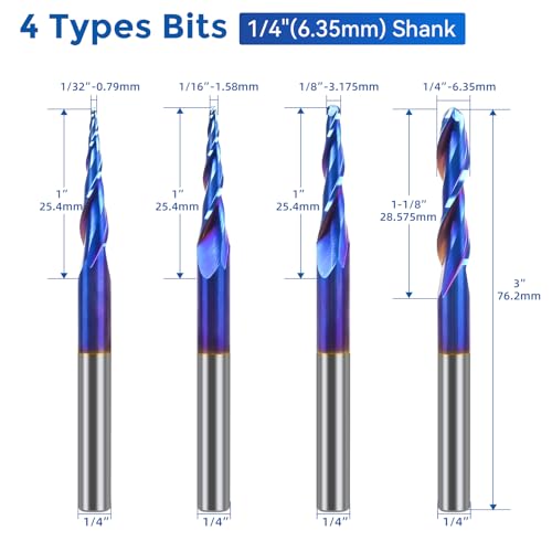 LUNYEE 4PCS Ball Nose Set Spiral Router Bits 1/4" Shank, 1/4" 1/8" 1/16" 1/32" Cutting Diameter, 3" Over Length End Mill Spiral Router Bit with NACO-Blue Coating for 2D&3D Carving Engraving