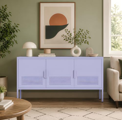 3 Door Wide TV Stand, Metal Storage Cabinet with Adjustable Shelf, 2-Tier Accent Cabinet, Multipurpose Metal Locker for Office, Home, Living Room Purple 22" H X 47.3" W X 13.8" D - color: Lilac, style: Cabinet-22"H-MU
