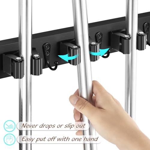 OUTNILI Mop and Broom Holder Wall Mount - Black Broom Mop Hanger - Wall Mounted Garden Tool Rack Organizer for Closet Garage Laundry Room Kitchen Decor With 5 Slots & 4 Hooks - color: Black-5 Grips, size: 1 Pack