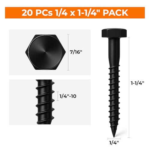 1/4 x 1-1/4 Black Lag Bolts, 20 PCs Dacromet-Coated 304 Stainless Wood Lag Screws for Light Outdoor Framing, SS Hex Head - color: Black, size: 1/4 x 1-1/4"