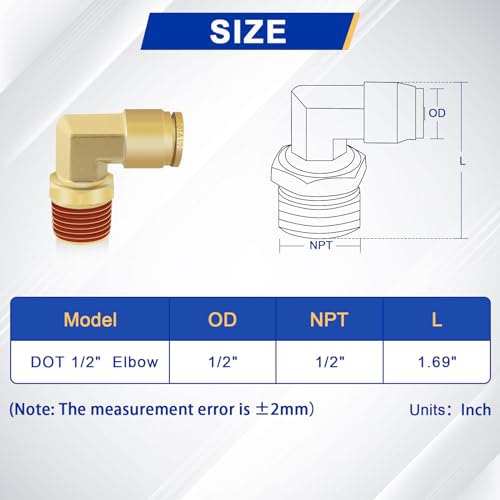 2 PCS DOT Quick Connect Air Fittings 1/2" Tube OD X 1/2" NPT Elbow - size: 1/2" Tube OD x 1/2" NPT - 2 PCS