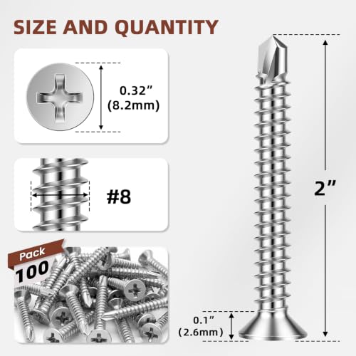 Mellewell #8 x 2 Flat Head Sheet Metal Screws, 100 PCS - color: Silver, size: #8 x 2"