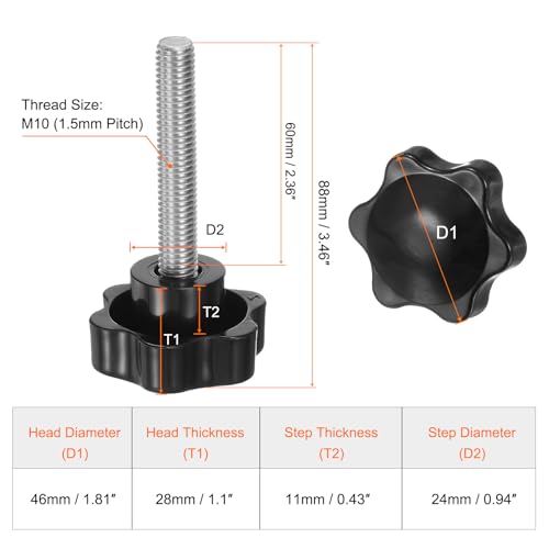 HARFINGTON 4pcs Star Knobs M10 x 60mm 304 Stainless Steel Threaded Stud 46mm Plastic 6-Star Head Hand Tightening Thumb Screw Clamping Jig Knob Handle, Black - size: M10 x 60mm x 46mm