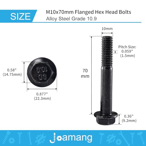 M10 x 70mm 6Pcs Flanged Hex Head Bolts, M10 x 1.5 Bolts, Flange Hexagon Head Screws, 10.9 Grade Alloy Steel, Black Oxide Finish, Metric Machine Threaded, Half Thread - size: M10 x 70mm(6PCS)