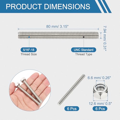 PATIKIL 6 Pcs Fully Threaded Rod, 5/16-18 304 Stainless Steel Right Hand Long Thread Bar Studs with Nuts for Pipes Clamps Hangers U-Bolts - size: 5/16-18