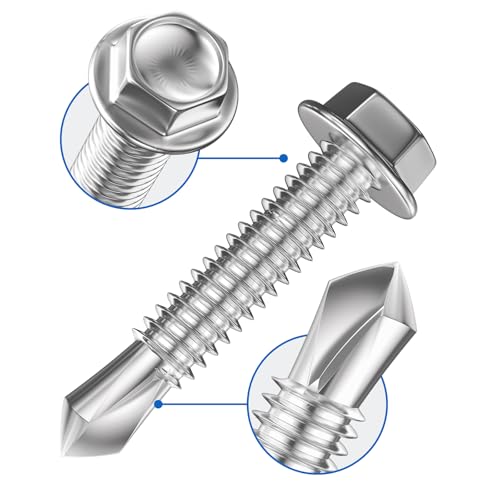 Wensilon (400Pcs) #8×1/2" Hex Washer Head Self Drilling Screws, 410 Stainless Steel Metal SheetScrews,TEK Screws, Sheet Metal Self Tapping Screws - color: Silver, size: #8×1/2"