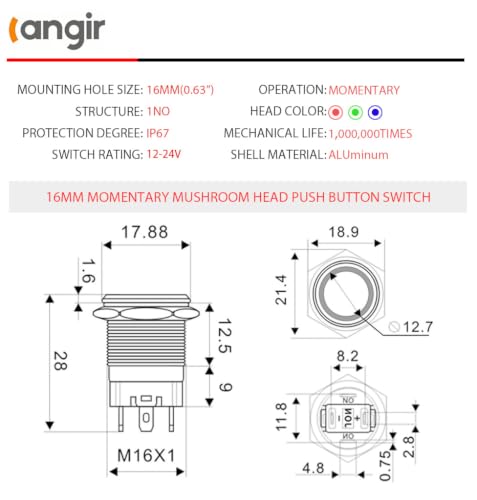 15Amp Momentary Push Botton Switch 2PCS,16mm(0.63”)12V-24V Black Shell AC/DC IP67 Waterproof With Red LED Angel Eye Light On and Off With Wire Socket. - color: Red, size: 16mm