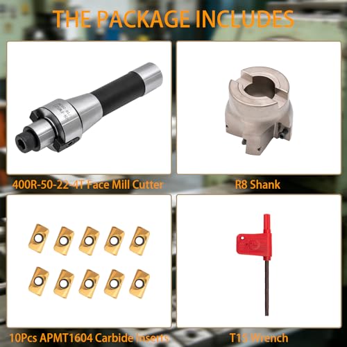 R8 Shank FMB22 with 400R 50MM End Milling Shell Cutter and 10Pcs APMT1604 Carbide Inserts,7/16-20UNF Face Mill Arbor