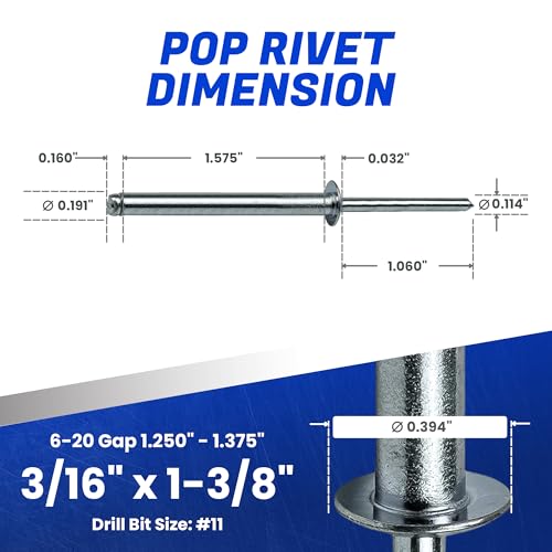 Fastenere Pop Rivets 3/16" x 1-3/8" (25 pcs) Aluminum Body Steel Mandrel - Heavy Duty, Open-End, Low Carbon, Dome Head Blind Rivets, Corrosion Resistant & High Shear Strength, 6-22 Gap 1.250" - 1.375" - size: 3/16" x 1-3/8" (6-22) (25 Pack)