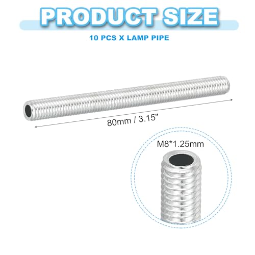 PATIKIL M8 Thread Carbon Steel Lamp Pipe, 10 Set 80 mm/3.15" Hollow Tube Thread Adapter Fasteners Hardware for Lamp Lights Chandelier Ceiling Light DIY, White Zinc Plating - size: M8x80mm