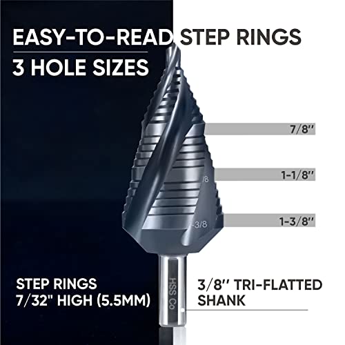 toolant M35 Cobalt Step Drill Bit, 3/16"-1-3/8", TiAlN, 3/8" Shank - size: 3/16" - 1-3/8"