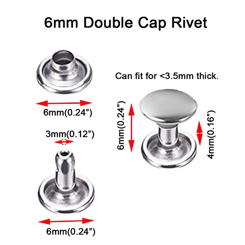 300 Sets Silver Stainless Steel Leather Rivets Double Cap Rivet Tubular Metal Studs Repairs Decoration Craft Accessories for Leather Craft Clothes Shoes Bags Belts (6mm, Silver) - size: 6mm