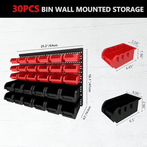 30Pcs Plastic Wall Mounted Storage Bins Parts Rack Nuts And Bolt Bins Organizer For Shop Garage for Screws, Nuts, Bolts, Nails, Beads, and Small Hardware Parts (RED+BLACK, 30) - color: Red+Black, size: 30