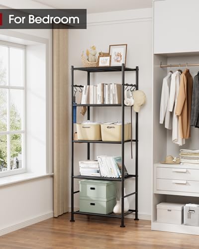 Sakugi 5-Tier Storage Rack Organizer with Hooks, Heavy Duty Metal Garage Rack with Leveling Feet, Freestanding Utility Rack for Bedroom, Balcony and Garage, 18.1"×12.4"×56.8", Black - color: Black, size: 18.1W×12.4D×56.8H(5T)