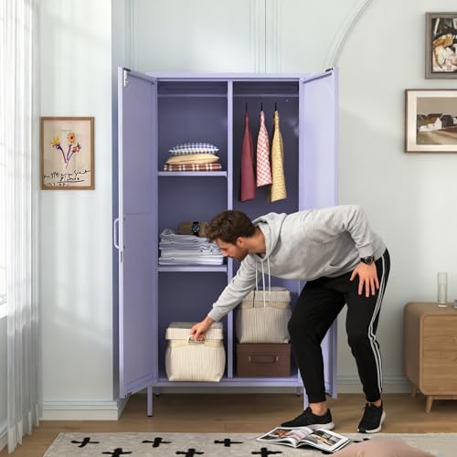 Purple Lockable Armoire Wardrobe Closet Storage Cabinet with Hanging Rod, 67" Metal Wardrobe Cabinet with 2 Doors and 3 Adjustable Shelves for Bedroom, Laundry Room, Cloak Room, Gym, Office - color: Lilac, style: Wardrobe-67"H-YX