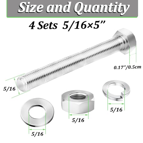4 Sets 5/16-18 x 5" Stainless Steel Hex Head Screws Bolts, Flat, Nuts & Lock Washers,Hex Bolts 18-8(304) Full Thread - color: Silver-hex, size: 5/16-18x5"(4 sets)