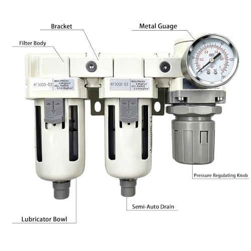 XingNEeng 3/8" NPT Air Drying System-Double Air Filter, Air Pressure Regulator Combo, Air Compressor Water/Oil Separator with 0-150 psi Gauge, AC3000-03, Semi-Auto Drain, 5 Micron Brass Element - color: 3/8" Npt
