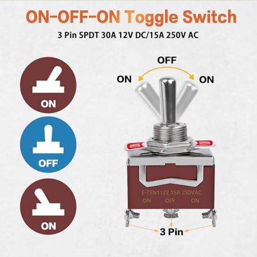 6 Pack Toggle Switch, 3 Pin 12V DC 30A/250V AC 15A, Heavy Duty SPDT ON Off ON Switch, Marine Waterproof Toggle Switch with Boot Cap Cover, for Cars Trucks, Racing Cars, Boats - size: 3 Pin-6Pack-ON-OFF-ON