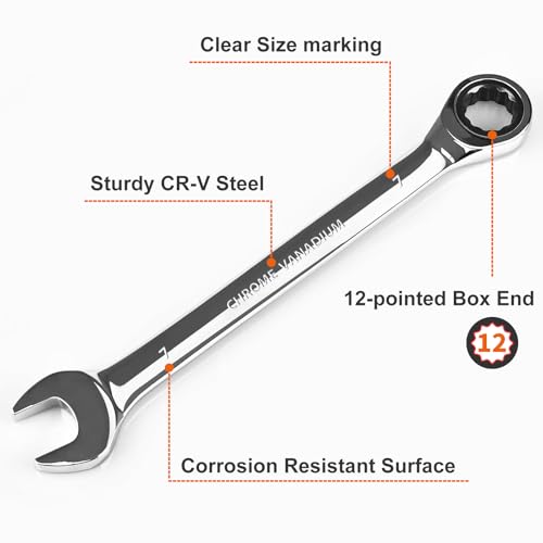 Egofine 7mm Wrench and 9mm Ratchet wrench, Metric Ratcheting Wrench Set, Industrial Grade Gear Spanner with 12 Point Box End, 72-Teeth Ratchet, Chrome Vanadium Steel - size: 7+9mm
