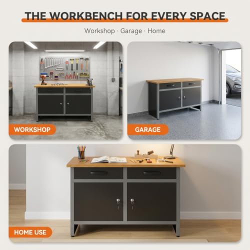 Heavy-Duty Steel Workbench with Wood Top & 2 Drawers, Lockable Metal Tool Storage Cabinet for Garage, Workshop & Warehouse