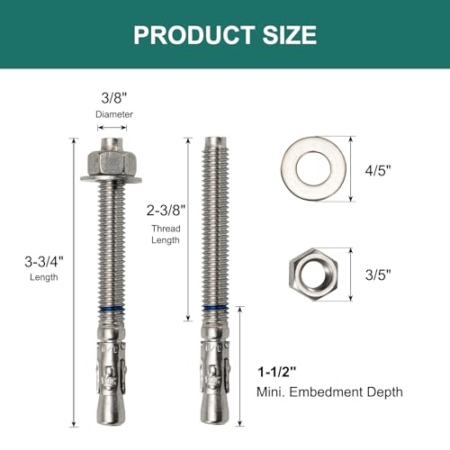 3/8" x 3-3/4" Concrete Anchors (12 Pack) 3/8 inch Wedge Anchors Bolts Stainless Steel - size: 3/8"x3-3/4"