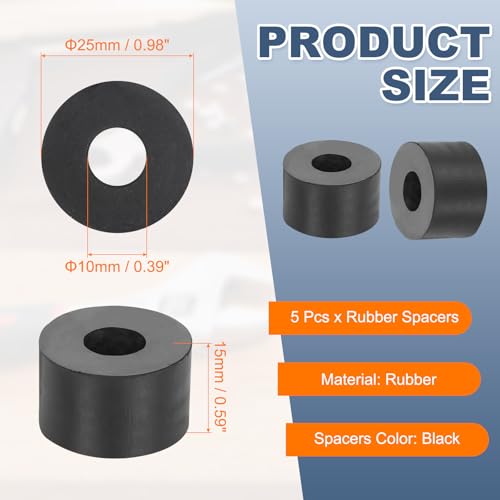 uxcell 5Pcs Rubber Spacers, 25mm OD, 10mm ID, 15mm Thick Black Round Anti Vibration Rubber Pads Isolation Bushings Washer for Home Cars Boat(0.98"OD x 0.39" ID x 0.59" Thick) - size: 25mm OD x 10mm ID x 15mm Thick