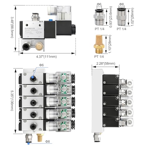 BAOMAIN 12V DC 3/2 Pneumatic Solenoid Valve 5 Station 3V210-08 Manifold Kit - size: 5-Station Valve Kit
