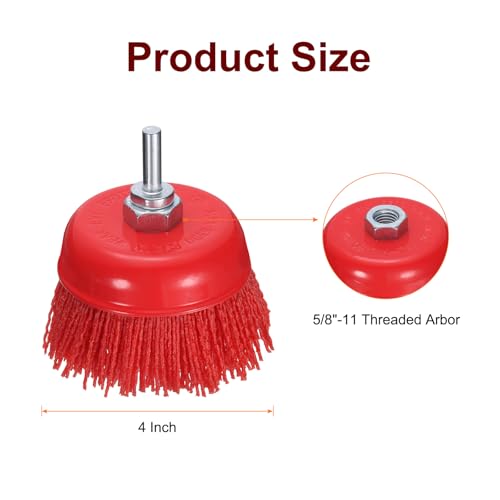 HARFINGTON 2pcs 4" Nylon Filament Wire Wheel Cup Brush, 5/8"-11 Threaded Arbor Abrasive Wire Brushes Set with Drill Adaptor for Rust/Corrosion/Paint Removal and Scrub Surfaces - size: 4"