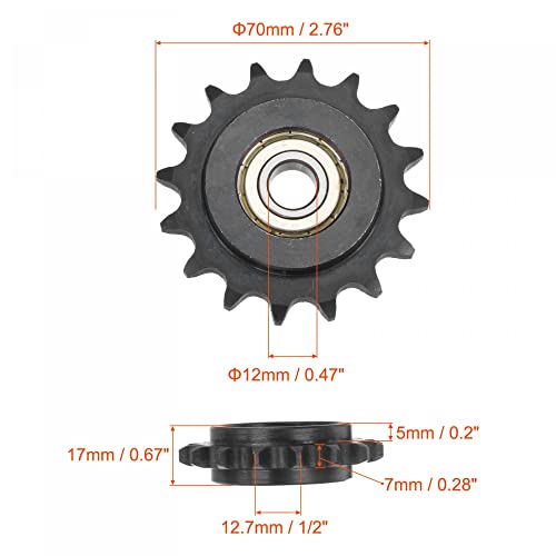 uxcell #40 Chain Idler Sprocket, 12mm Bore 1/2" Pitch 16 Tooth Tensioner, Black Oxide Finished C45 Carbon Steel with Insert Single Bearing for ISO 08A Chains - size: 70mm
