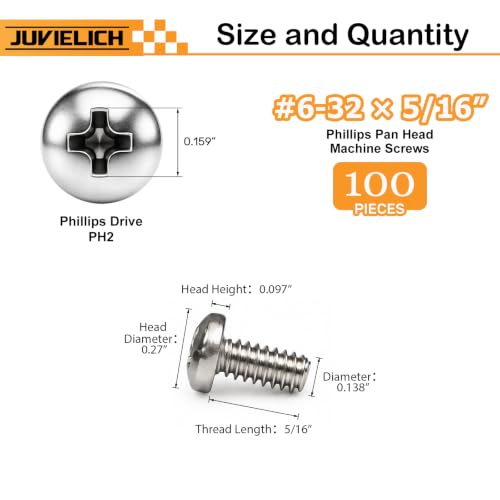 100PCS #6-32 x 5/16" Machine Screws, Phillips Pan Head, 304 Stainless Steel - size: 6#-32 x 5/16"