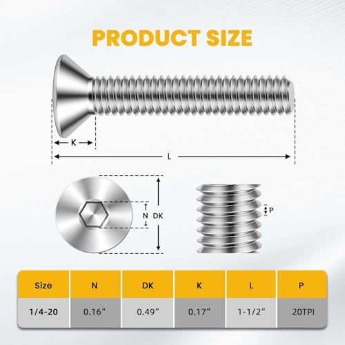 1/4-20 x 1-1/2" Flat Head Socket Cap Screws Countersunk Bolts, Allen Socket Drive, Stainless Steel 18-8 (304), Bright Finish, 50 PCS - color: Silver, size: 1/4-20 x 1-1/2"