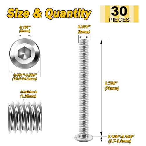 Mywish M8 x 70mm 30Pcs Silver Flat Head Hex Socket Cap Screws Bolts, 304 Stainless Steel Furniture Bolts Full Thread & Hex Spanner - color: Silver-M8, size: 70mm
