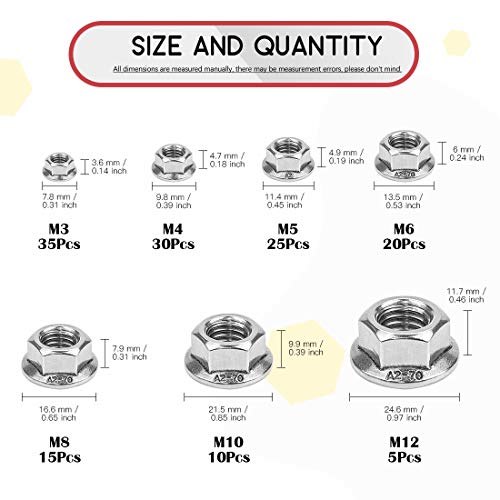 Hilitchi 140-Pcs M3 M4 M5 M6 M8 M10 M12 Hex Flange Nuts Assortment Kit - 304 Stainless Steel - size: 140Pcs Metric Hex Flange Nuts