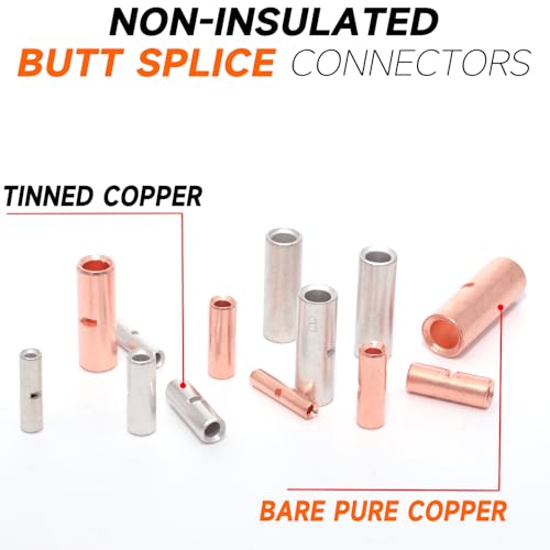 SVAAR 100PCS 22-16 Gauge Non Insulated Butt Connectors 22-16 AWG Uninsulated Butt Splice Connectors Crimp Repair Butt Splices Kit Tinned Copper Marine Grade Seamless Barrel Crimp Butt Splice Terminals - color: Tinned Copper