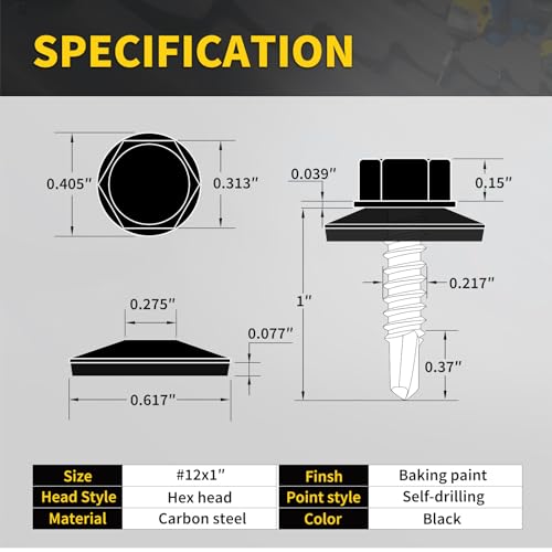 Metal Roofing Screws #12 × 1", 300 PCS, FIXLINK Baking Paint Hex Head Rubber Washer Sheet Metal Roof Screws Self Drilling Metal to Wood Siding Screws, Hex Socket Included, Black - color: Black, size: #12 x 1"