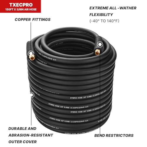 3/8" Hybrid Air Hose 150ft,1/4"MNPT Fittings,Heavy Duty Air Compressor Hose,Non-Kinking, Lightweight, Flexible In Extreme Cold Weather, Excellent UV, Oil and Abrasion Resistant,300 PSI - size: 150FT