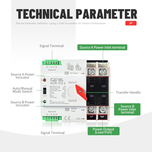 GEYA 2P 100A AC230V Automatic/Manual Transfer Switch,ATS Dual Power Auto Transfer Switch,Uninterruptible Millisecond-Level ATS,DIN Rail Mounting(W2R 2P 100A AC230V) - size: 2P-100A-AC230V