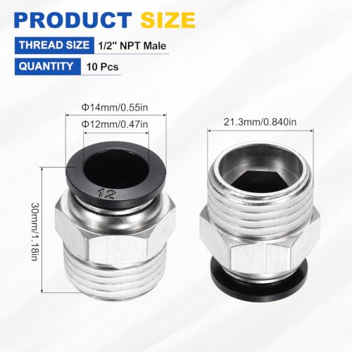 10Pcs Pneumatic Push to Connect Fitting Fit 12mm OD Tube 1/2 MNPT - color: Black, size: 12mm OD x 1/2 NPT