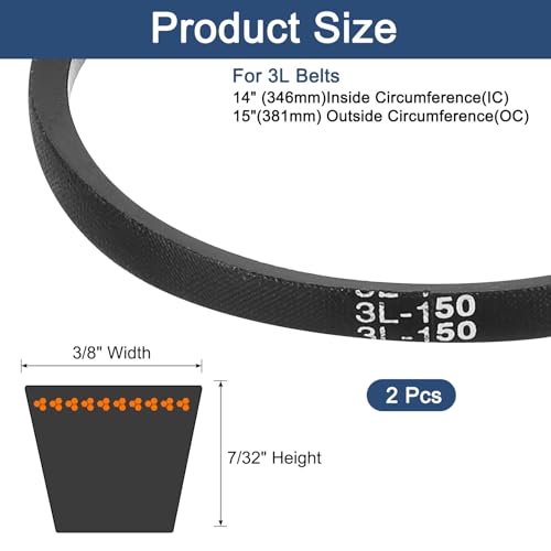 uxcell 2Pcs 3L150 Classic Wrapped Rubber V-Belt, 15"(381mm) Outside Circumference, 3L Profile V Belt 3/8" Width 7/32" Height - size: 3L150