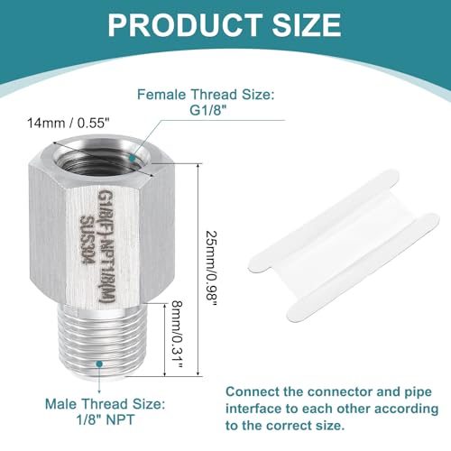 uxcell Pipe Fitting Reducing Adapter, 1/8" NPT Male x G1/8" Female 304 Stainless Steel Reducer Connector for Water Oil Air Pressure Gauge, Silver - size: 1/8" NPT x G1/8"